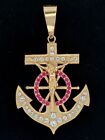 10k Solid Yellow Gold Jesus Anchor Pendant Cross with CZ - 3" x 1.75"