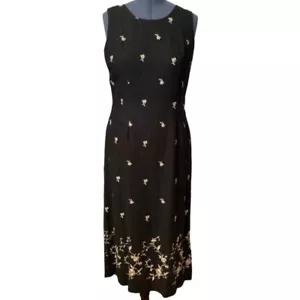 Vtg JACK MULQUEEN NY Women's Size 14 Black Linen Sheath Dress Tan Embroidery y2k - Picture 1 of 9