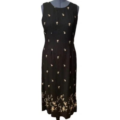 Vestido Vaina De Colección JACK MULQUEEN NY Para Mujer Talla 14 Negro Lino Bronceado Bordado y2k Foto 1 de 4