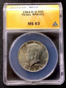 1964 D/D Kennedy Half Dollar FS-501 RPM-001! ANACS MS 63! ENN Coins - Picture 1 of 2