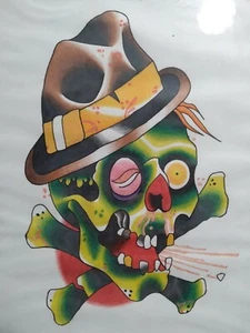 Original Tattoo Art Skull Framed Flash Sheet Vintage - Picture 1 of 3
