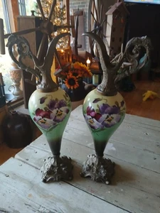 Pair of Antique Pair of French Hand Painted Pansies Porcelain  Ewers   - Picture 1 of 7