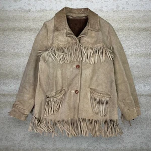 True Vintage 90s Western Wildleder Lederjacke Herren M hellbraun Kunstfell Linie Knopfleiste - Bild 1 von 6