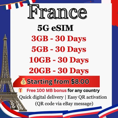 France Travel eSIM|3GB - 20GB|30Days|Quick Delivery|5G|QR code - Photo 1/4