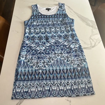 Allison Britney Womens Large Sheath Dress Sleeveless Eyelet Blue Geo Print Lined - Image 1 of 4