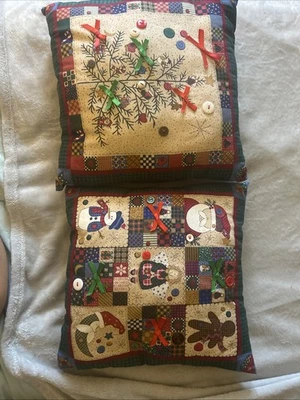 Two Handmade Christmas Patchwork Country Cottage Decor Throw Pillow 13 By 13 - Image 1 of 4