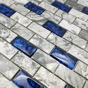 Glass and Stone Subway Tile 1"x2" Royal Blue & Gray Polished Mosaic Backsplash - Picture 1 of 10