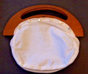 MCM Wooden Handle White Cotton Basic Purse w Embroidered Top Preppy 11 x 8 - Picture 1 of 8