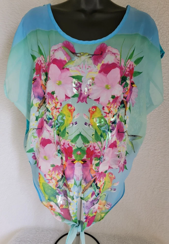 Camisa Top Blusa Bongo Mujer Talla L Grande Multicolor Colibrí Floral Foto 1 de 4