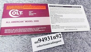 Colt All American 2000 Factory Owners Safety Instruction Manual w Trigger Mod - Picture 1 of 10