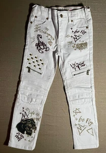 Dstrkt Denim Girls White Jeans Size 7-8 Embroidered All Over Be Fly Stay Cool - Picture 1 of 10