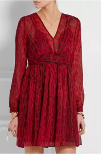 MICHAEL KORS Leopard Print Georgette Dress Size 12 Red Blaze Long Sleeve NWT - Picture 1 of 11