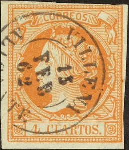 Comunidad Valenciana. Filatelia. º USADO 52. 1860. 4 cuartos amarillo. Matasell - Imagen 1 de 1