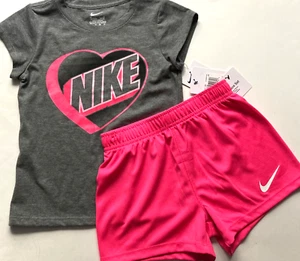 NIKE Girls 2pc shorts Set T-shirt Athletic Shorts 2 piece 2T 3T 4T 5 6 6X Pink - Picture 1 of 32