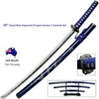 40? Royal Blue Engraved Dragon Japanese Samurai Katana 3 Swords Set w/Free Stand