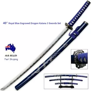 40” Royal Blue Engraved Dragon Japanese Samurai Katana 3 Swords Set w/Free Stand - Picture 1 of 11
