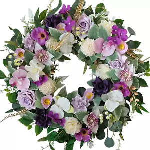 22" Artificial Flower Wreath Spring/Summer Floral Wreaths for Front Door with Ro - Picture 1 of 12