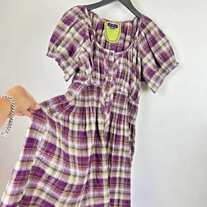 Joe Browns Tunic Top UK 22 Purple Green Check Plaid Short Puff Sleeve Button-Up - Picture 1 of 12
