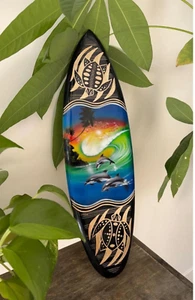 Hawaiian Hand Made 20" Carved Wood Surfboard Decor Engraved Turtle Honu Airbrush - Picture 1 of 4