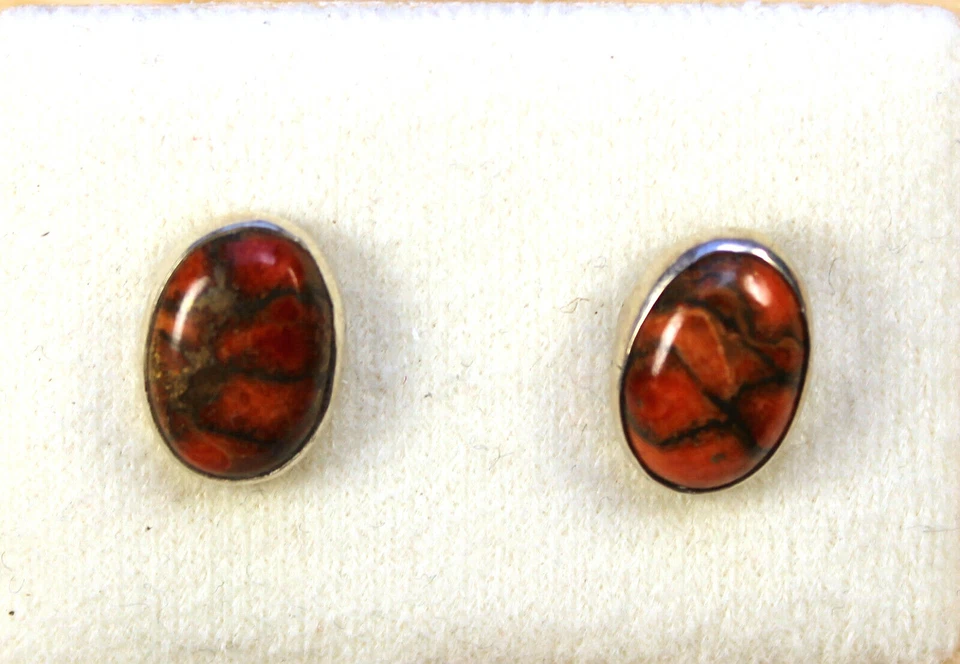 Turquoise (Processed) Studs 925 Silver Earrings Gemstone Oval Orange Women's - Image 1 of 1