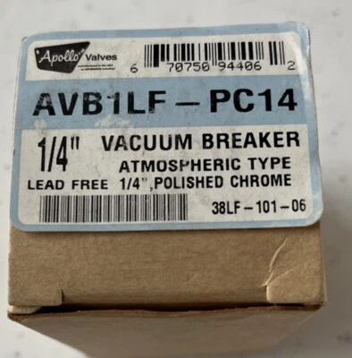 Válvula APOLLO INTERRUPTOR DE VACÍO #AVB1LF-PC14 CROMO PULIDO 1/4"" Foto 1 de 4