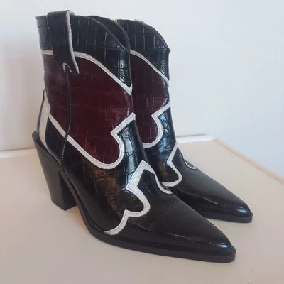 Botas de Vaquero Zara de Charol de Cocodrilo Talla 4 para Mujer Punta Negra Roja... Foto 1 de 4