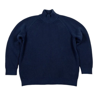 LL Bean Navy Blue Organic Cotton Waffle Fisherman Sweater Mock Neck Size XXL - Image 1 of 4
