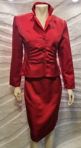 Vintage Positive Attitude Decor Buttons Red Satin 2-Piece Midi Skirt Suit - Picture 1 of 17