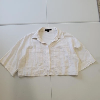 Camisa Marc New York Mujer Mediana Blanca Mezcla de Lino Recortada Botón Frontal Cuadrada Foto 1 de 4