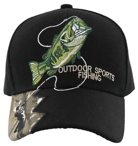 NEW! FISH BASS OUTDOOR SPORT FISHING BALL CAP HAT BLACK - Picture 1 of 4