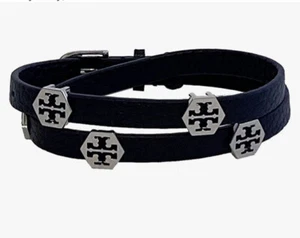 Tory Burch Womens Hex Thin Double Wrap Bracelet Tory  Silver - Tory Navy NWT - Picture 1 of 8