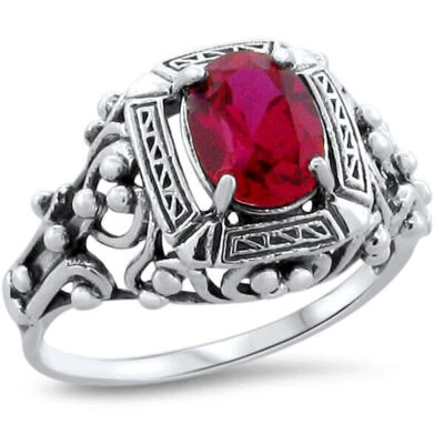 925 STERLING SILVER CLASSIC STYLE VICTORIAN DESIGN LAB-CREATED RUBY RING    211X - Image 1 of 4