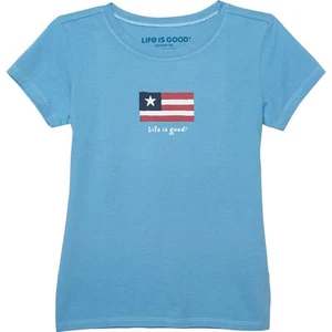 LIFE IS GOOD GIRLS TOP - FLAG STRIPE SZ 10 LARGE - BLUE TEE SHIRT GRAPHIC - Picture 1 of 1