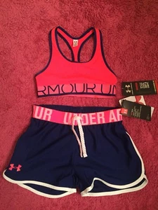 Under Armour Kids Girls Youth Smal Short Set Sports Bra & Shorts NWT Free Shipp - Picture 1 of 7