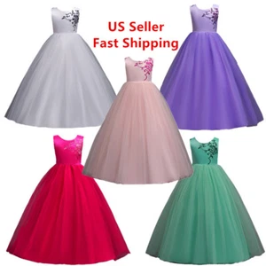 Girl Kids Birthday Party Christmas Wedding Princess Long Embroidery Flower Dress - Picture 1 of 25