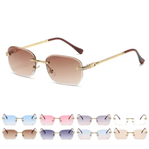 Retro Rimless Rectangle Sunglasses Fashion Square Glasses Eyewear for Men Women - Picture 1 of 20