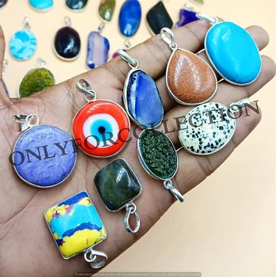 Lote de colgantes bisel hechos a mano enchapados en plata de ley 925 con piedras preciosas de moldavita y mezcla Foto 1 de 4