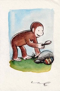 Acquerello H E Ray Curious George che gioca con una lente di ingrandimento - Foto 1 di 1