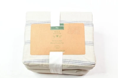 Bee & Willow Duvet Cover Set KING Tan Blue Chambray Striped 100% Cotton - Image 1 of 4