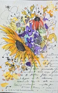 Original Signed Watercolor Painting. Purple. Boho. Sunflower. Violets.Bouquet. - Picture 1 of 2