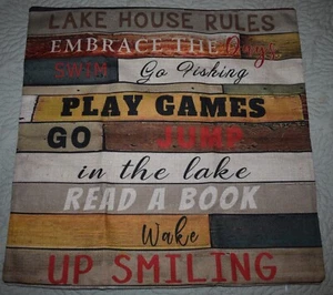 NEW LAKE HOUSE RULES PILLOW COVER - approx. 17" X 17"-WOODGRAIN DESIGN/ZIP CLOSE - Picture 1 of 1
