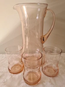 Vintage Pink Etched Glass Jug Pitcher & Glasses x 3 - Water, Cocktail Set - Picture 1 of 10