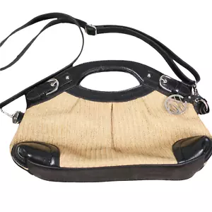 Style & Co Black Tan Straw Faux Vegan Leather Shoulder Handbag Clutch Purse Bag - Picture 1 of 3