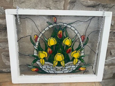 Tulips Basket VTG Stained Glass Reproduction Window Pane Panel Transom 21.5X28" - Image 1 of 4