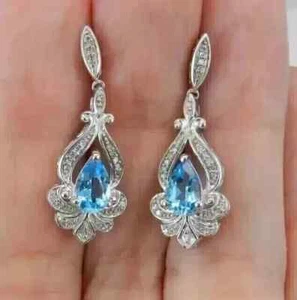 3Ct Pear Simulated Blue Topaz Women's Drop Dangle Earring 14k White Gold Plated - Picture 1 of 3