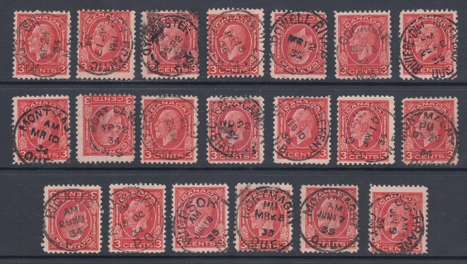 Canada Sc 197 3c KGV Medallion, 20 stamps with different central SON CDS cancels - Image 1 of 1