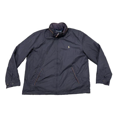 Jaqueta polo masculina vintage anos 90 Ralph Lauren casca macia acabamento em couro azul GG - Imagem 1 de 4