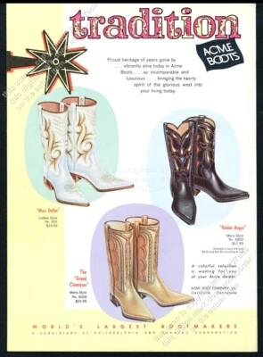 Botas de vaquero Acme 1961 3 estilos foto a color anuncio impreso vintage Foto 1 de 4
