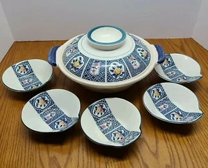 Handmade Japanese Painted Earthenware Steamer Rice Soup Bowl With Lid Set Blue - Picture 1 of 12