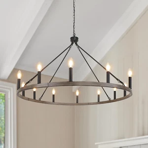 WBinDX Wagon Wheel Chandelier, 12-Lights, Black & Imitative Wood Grain - Picture 1 of 7